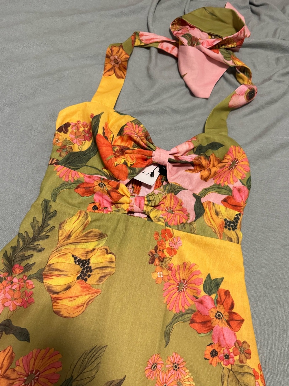 Floral Linen Resort Mini Halter Tie Dress (small) - Picture 4 of 12